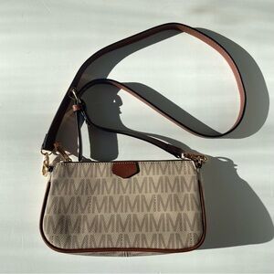 Marco M Monogram Crossbody Bag Beige Brown Gold Hardware Adjustable Strap